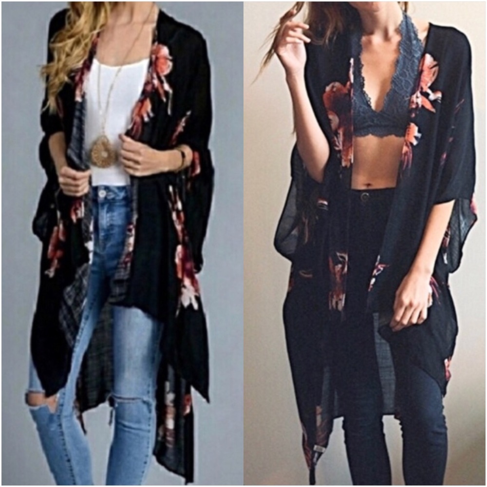 Boho Lightweight Black Floral Kimono Wrap Coverup